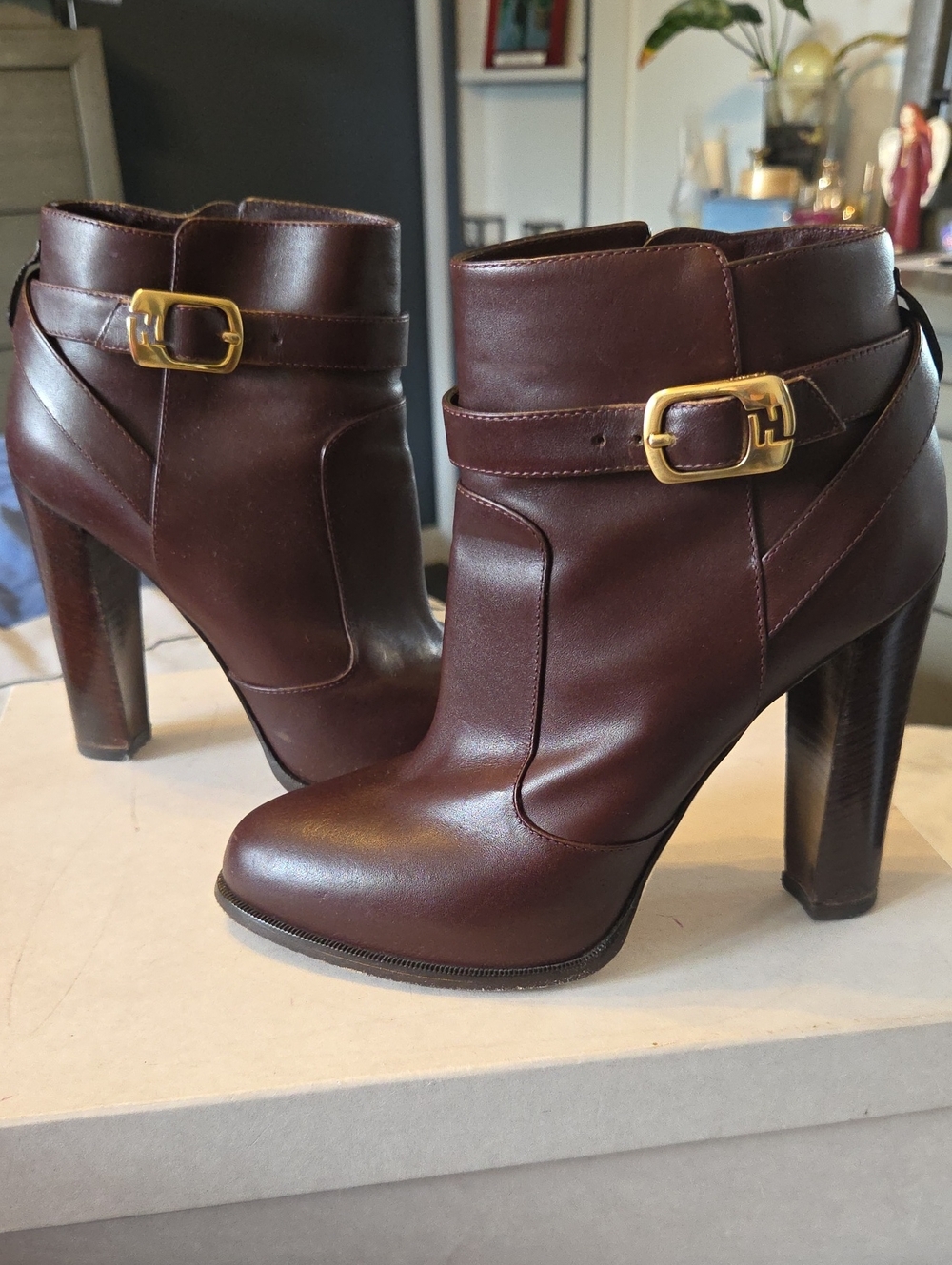 Fendi Women's Brown Leather High-Heel Ankle Boots with Gold Buckle